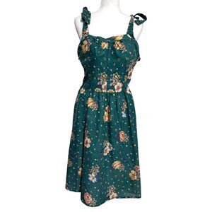 Vintage Green Floral Sleeveless Tie Strap Sun Dress Smocked Built-In Bra Size 15